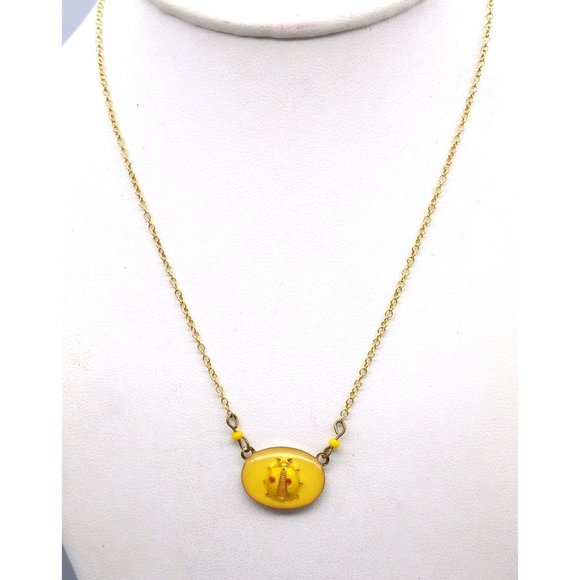 Summer Yellow Enamel Ladybug Pendant on Delicate Gold Tone Chain Necklace - Picture 1 of 4